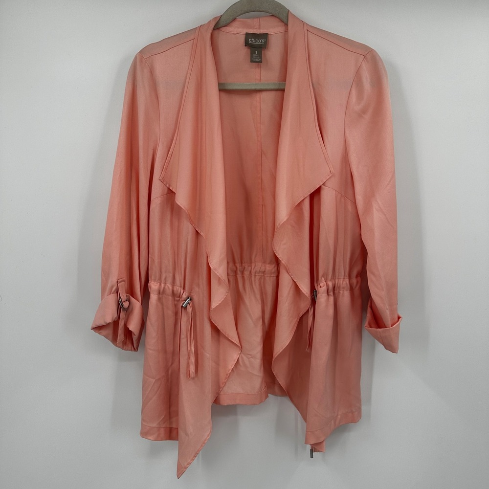 Chicos Peach Coral Lyocell Open Front Drape Neck Drawstring Jacket Size Medium